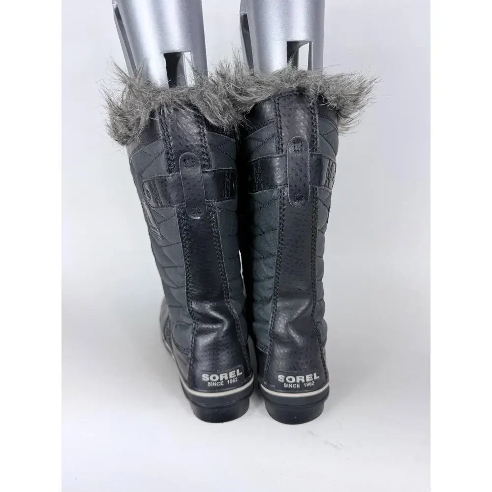 Sorel Tofino II Snow Boots Women's 9 Black Gray Faux Fur Trim Waterproof Lace-Up